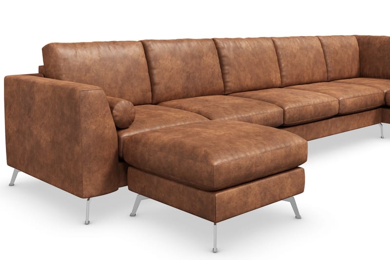 Ocean Lyx 6-personers Højrevendt U-formet Sofa med Divan og Chaiselong + Fodskammel i Kunstlæder - Brun - Møbler - Sofaer - U Sofa