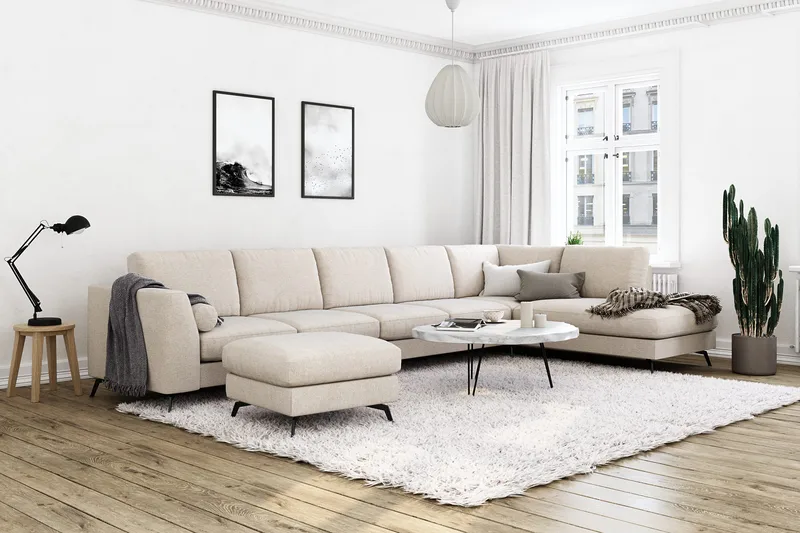 Ocean Lyx 6-personers Højrevendt U-formet Sofa med Divan og Chaiselong + Fodskammel i Stof - Beige - Møbler - Sofaer - U Sofa
