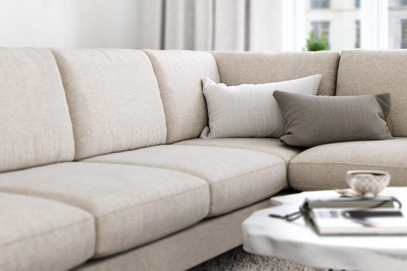 Ocean Lyx 6-personers Højrevendt U-formet Sofa med Divan og Chaiselong + Fodskammel i Stof - Beige - Møbler - Sofaer - U Sofa