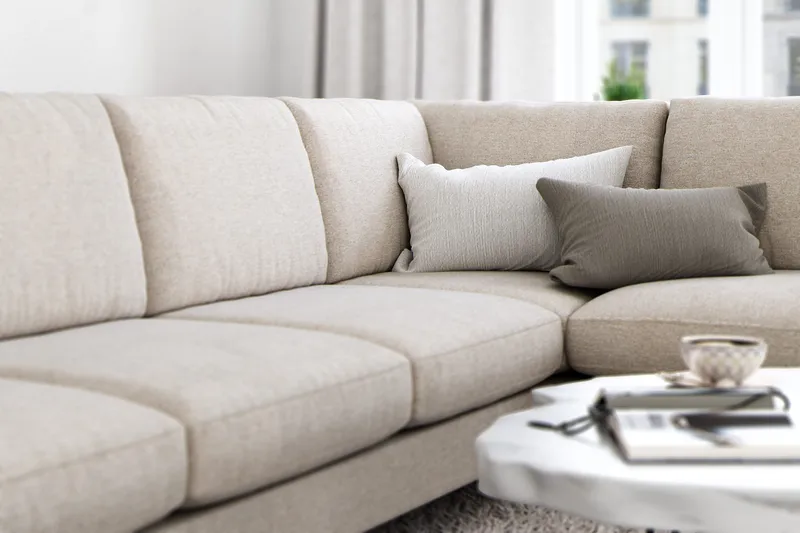 Ocean Lyx 6-personers Højrevendt U-formet Sofa med Divan og Chaiselong + Fodskammel i Stof - Beige - Møbler - Sofaer - U Sofa
