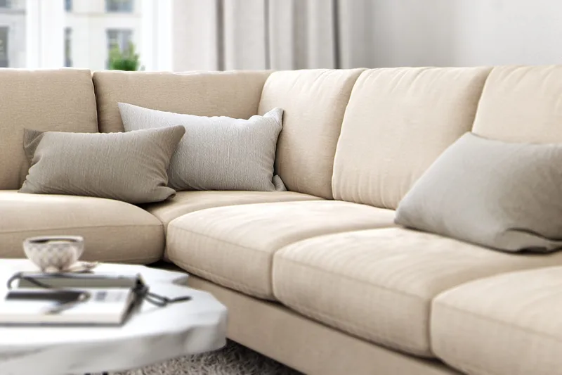 Ocean Lyx 6-personers Venstrevendt U-formet Sofa med Divan og Chaiselong + Fodskammel i Fløjl - Beige - Møbler - Sofaer - Sofa med chaiselong