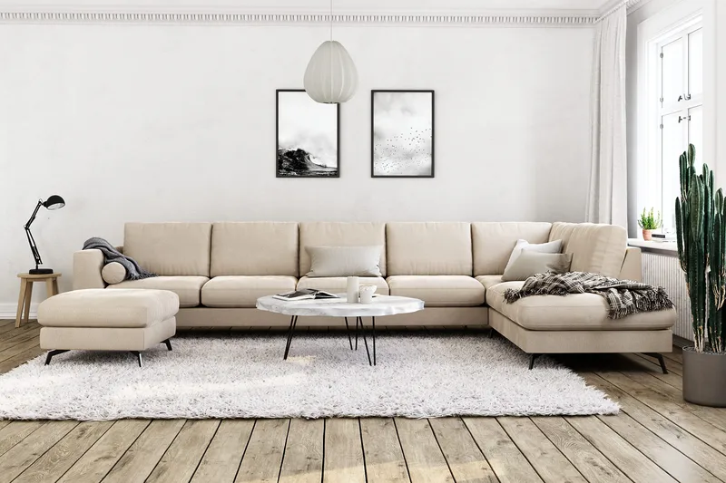 Ocean Lyx 6-personers Højrevendt U-formet Sofa med Divan og Chaiselong + Fodskammel i Fløjl - Beige - Møbler - Sofaer - U Sofa