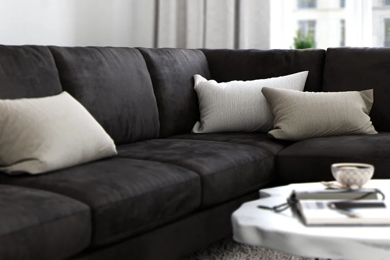 Ocean Lyx 6-personers Højrevendt U-formet Sofa med Divan og Chaiselong + Fodskammel i Fløjl - Mørkegrå - Møbler - Sofaer - U Sofa