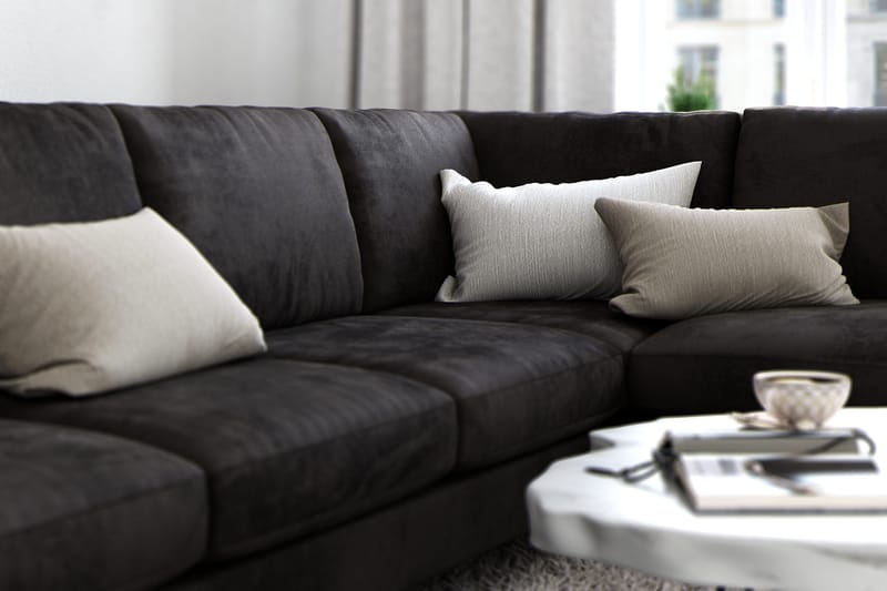 Ocean Lyx 6-personers Højrevendt U-formet Sofa med Divan og Chaiselong + Fodskammel i Fløjl - Mørkegrå - Møbler - Sofaer - U Sofa