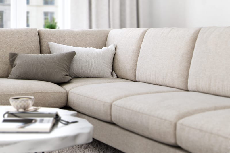 Ocean Lyx 6-personers Venstrevendt U-formet Sofa med Divan og Chaiselong + Fodskammel i Stof - Beige - Møbler - Sofaer - Sofa med chaiselong