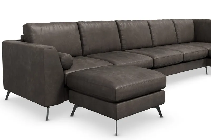 Ocean Lyx 6-personers Højrevendt U-formet Sofa med Divan og Chaiselong + Fodskammel i Kunstlæder - Mørkegrå - Møbler - Sofaer - U Sofa