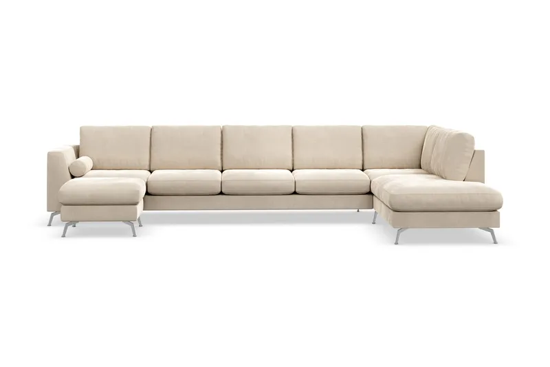 Ocean Lyx 6-personers Højrevendt U-formet Sofa med Divan og Chaiselong + Fodskammel i Fløjl - Beige - Møbler - Sofaer - U Sofa