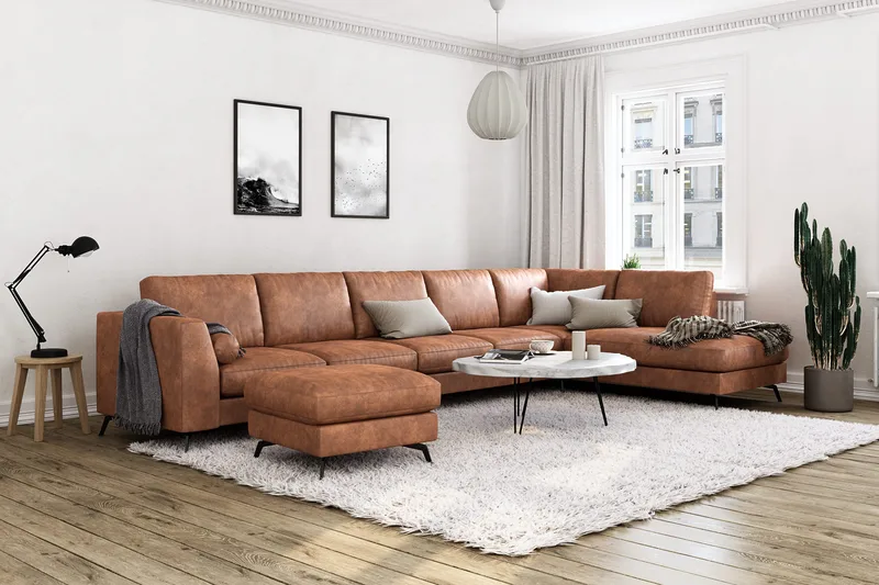 Ocean Lyx 6-personers Højrevendt U-formet Sofa med Divan og Chaiselong + Fodskammel i Kunstlæder - Brun - Møbler - Sofaer - U Sofa