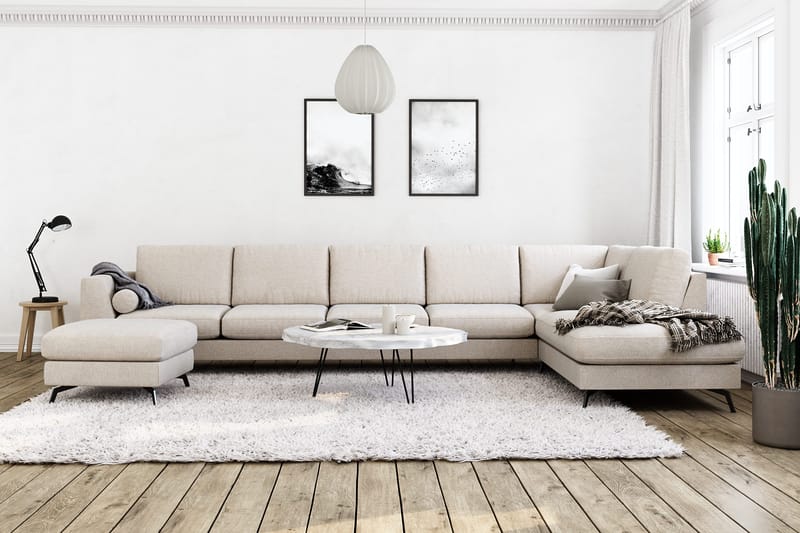 Ocean Lyx 6-personers Højrevendt U-formet Sofa med Divan og Chaiselong + Fodskammel i Stof - Beige - Møbler - Sofaer - U Sofa