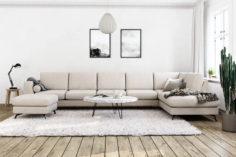 Ocean Lyx 6-personers Højrevendt U-formet Sofa med Divan og Chaiselong + Fodskammel i Stof - Beige - Møbler - Sofaer - U Sofa