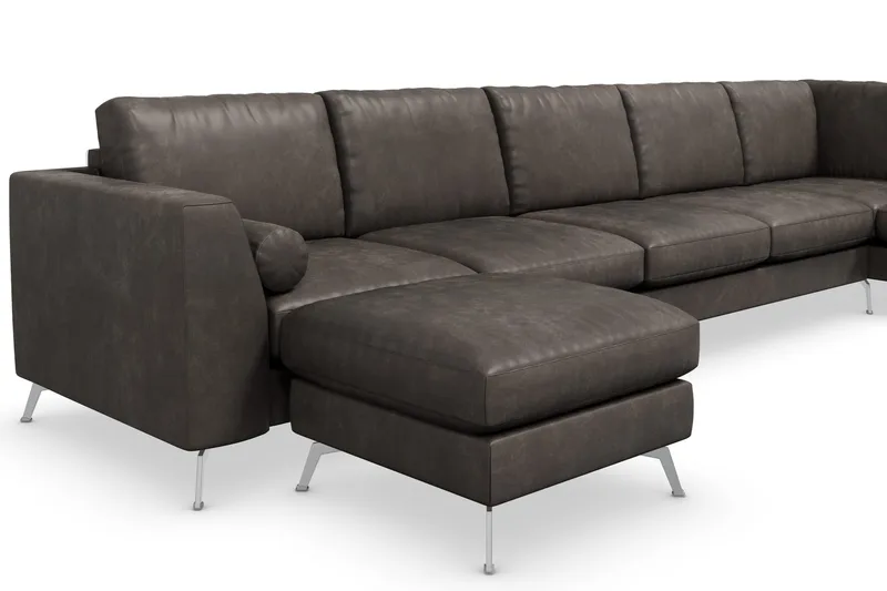 Ocean Lyx 6-personers Højrevendt U-formet Sofa med Divan og Chaiselong + Fodskammel i Kunstlæder - Mørkegrå - Møbler - Sofaer - U Sofa