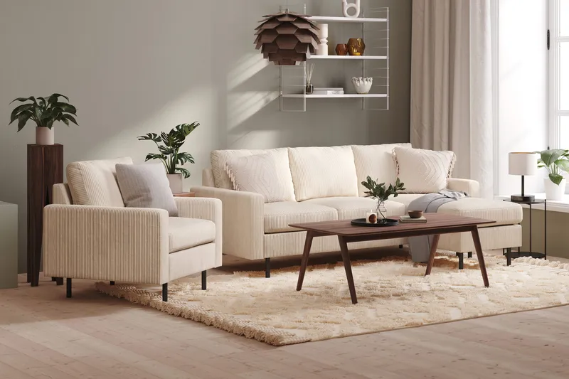 Peppe 3-personers Vendbar L-formet Divansofa i Manchester - Beige - Møbler - Sofaer - Sofa med chaiselong