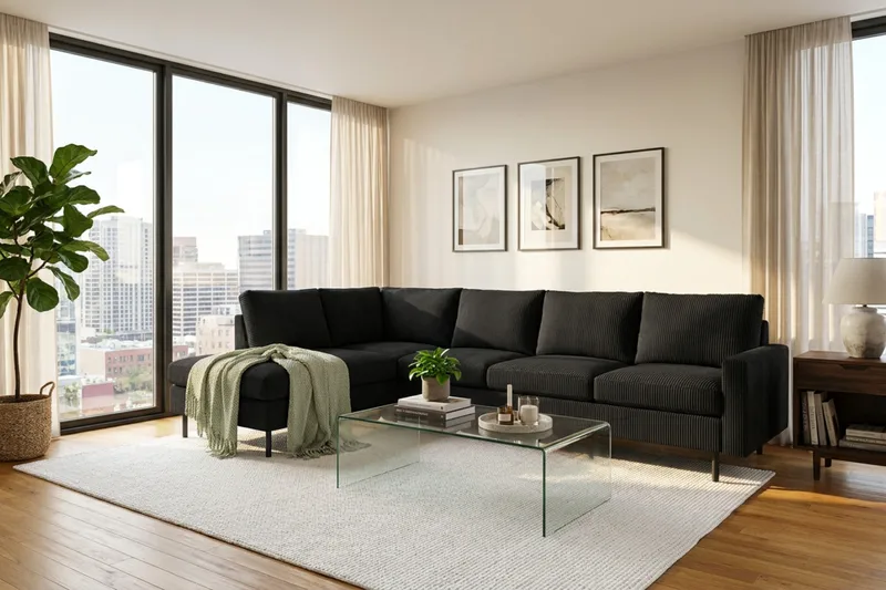 Peppe 3-personers Vendbar L-formet Divansofa i Manchester - Sort - Møbler - Sofaer - Sofa med chaiselong