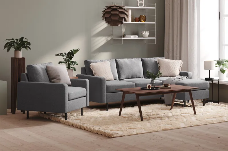 Peppe 3-personers Vendbar L-formet Divansofa i Stof - Lysegr å - Møbler - Sofaer - Sofa med chaiselong