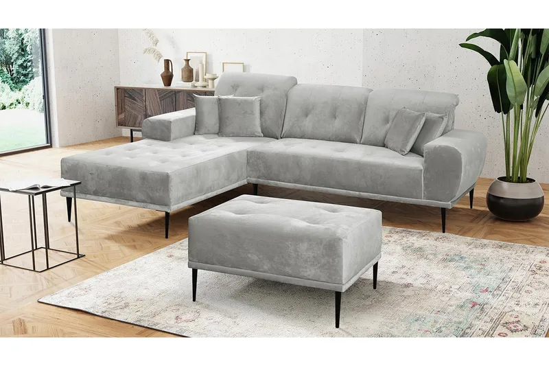 Rapale Sofagruppe Venstre med Fodskammel - Velour/Sølv - Møbler - Sofaer - Sofa med chaiselong