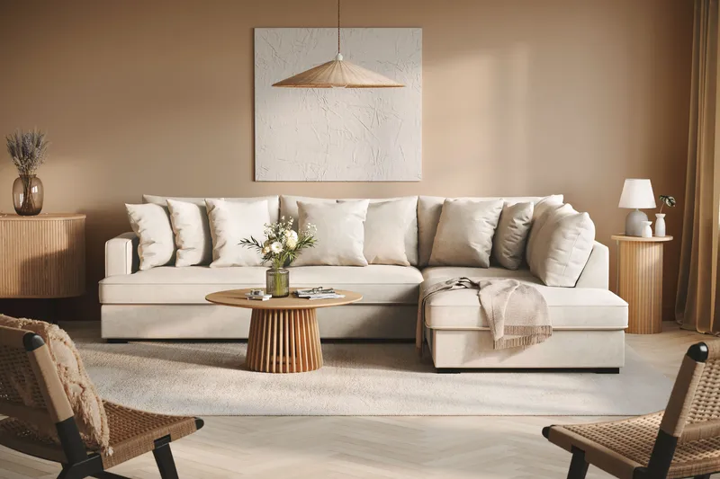 Rossita 4-personers Højrevendt L-formet Dyb Chaiselongsofa i Stof - Beige - Møbler - Sofaer - Sofa med chaiselong