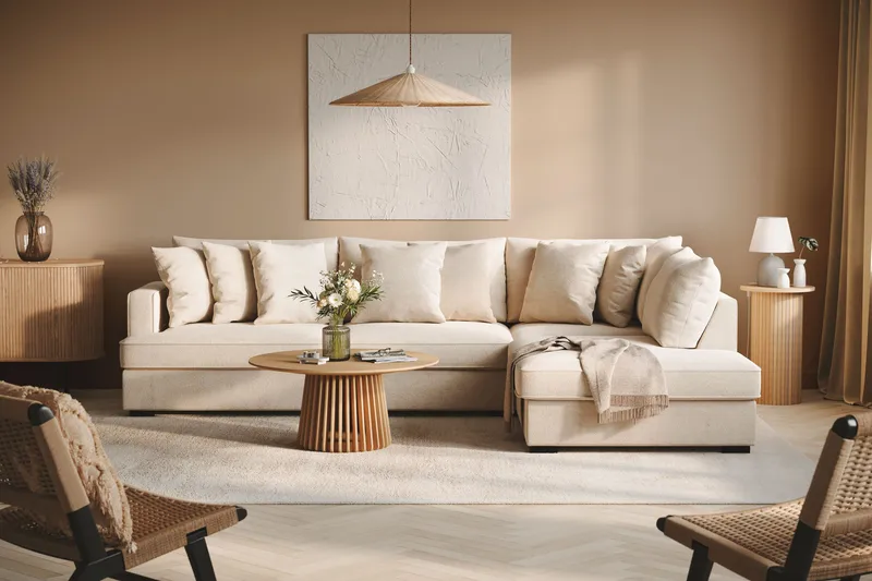 Rossita 4-personers Højrevendt L-formet Dyb Chaiselongsofa i Chenille - Beige - Møbler - Sofaer - Sofa med chaiselong