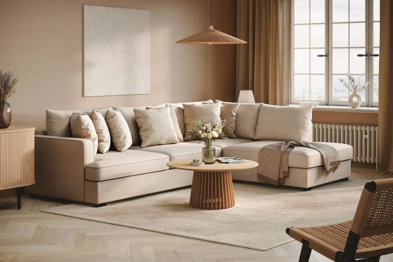 Rossita 4-personers Højrevendt L-formet Dyb Chaiselongsofa i Bouclé - Beige - Møbler - Sofaer - Sofa med chaiselong