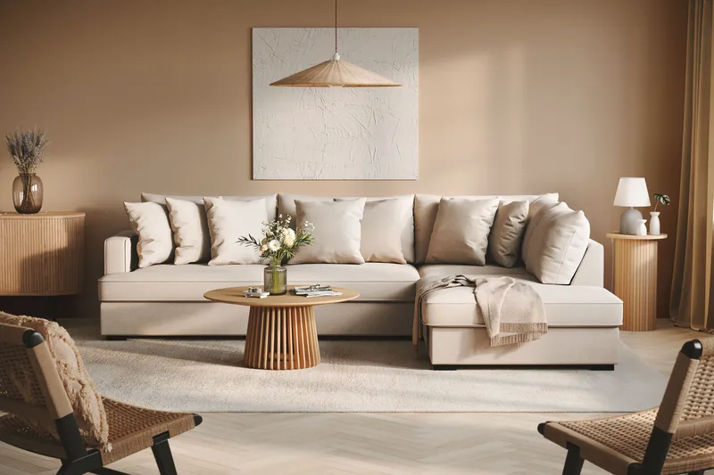 Rossita 4-personers Højrevendt L-formet Dyb Chaiselongsofa i Bouclé - Beige - Møbler - Sofaer - Sofa med chaiselong