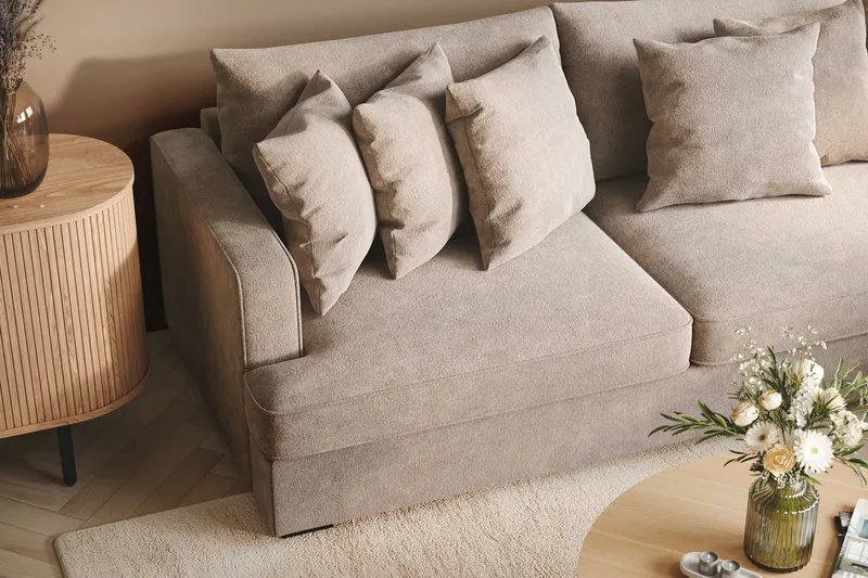 Rossita 4-personers Højrevendt L-formet Dyb Chaiselongsofa i Chenille - Trenza 08, Grå/Brun Chenille - Møbler - Sofaer - Sofa med chaiselong