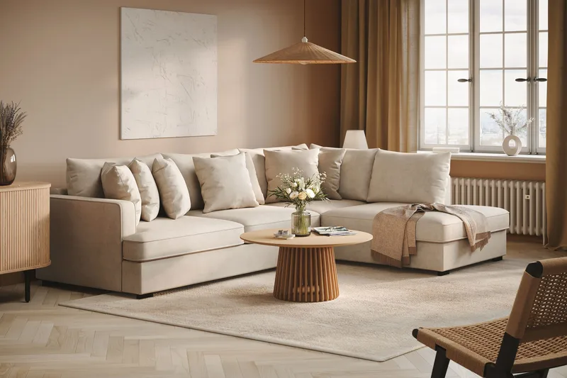 Rossita højrevendt 4-personers L-formet sofa med dyb chaiselong i stof - Beige - Møbler - Sofaer - Sofa med chaiselong