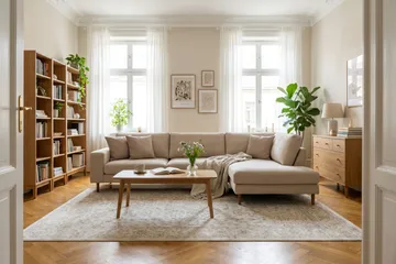 Scandi Dyb 4-personers sofa med højrevendt chaiselong i stof - Beige - Møbler - Sofaer - Sofa med chaiselong