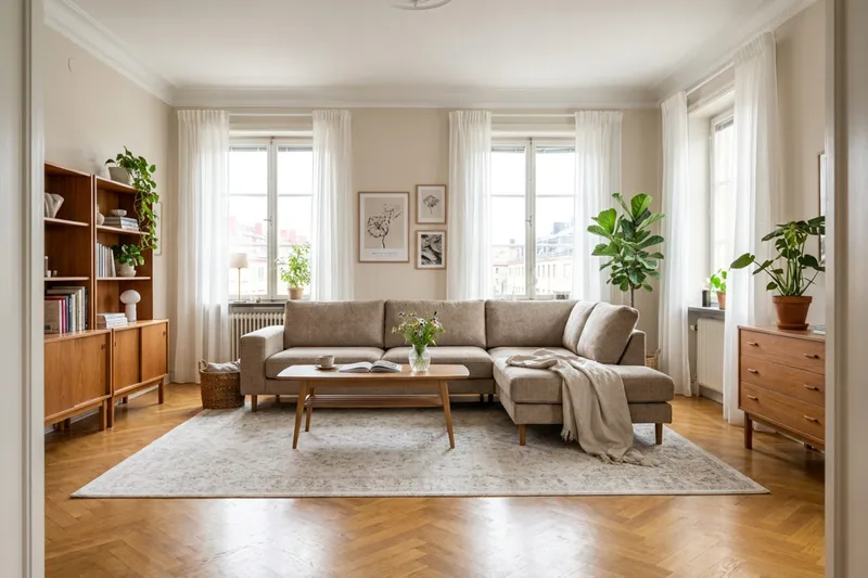 Scandi Dyb 4-personers sofa med højrevendt chaiselong i chenille - Mørk beige - Møbler - Sofaer - Sofa med chaiselong