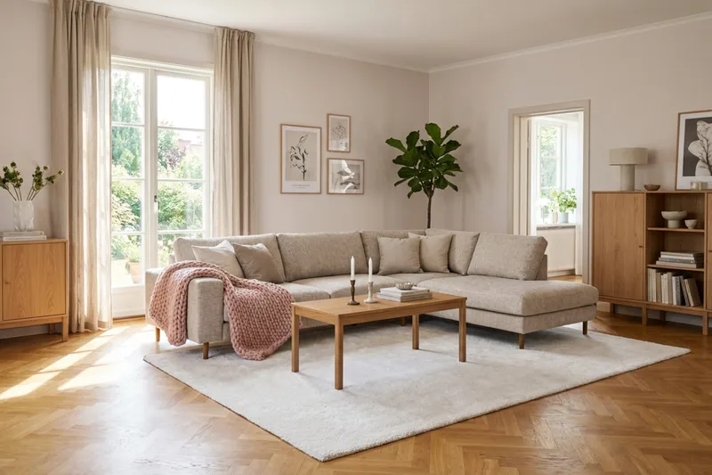 Scandi Dyb 4-personers sofa med højrevendt chaiselong i chenille - Beige - Møbler - Sofaer - Sofa med chaiselong