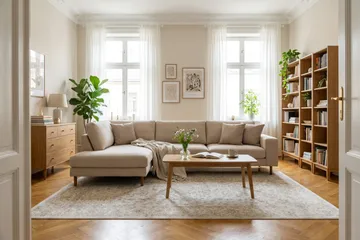 Scandi Dyb 4-personers sofa med venstrevendt chaiselong i stof - Beige - Møbler - Sofaer - Sofa med chaiselong