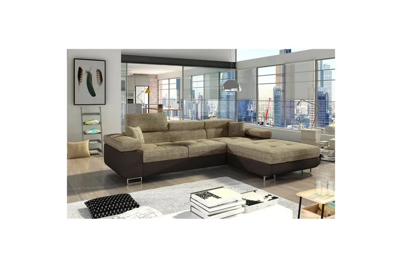 Sektionssofa Eltap Armando 289x85x203 cm - Berlin 03, Blød 66, Beige, Mørkebrun, Højre - Møbler - Sofaer - Sofa med chaiselong