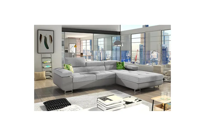 Sektionssofa Eltap Armando 289x85x203 cm - Soro 83, Soft 29, Hvid, Grå, Puder: Jungle 32, Grøn, Højre - Møbler - Sofaer - Sofa med chaiselong