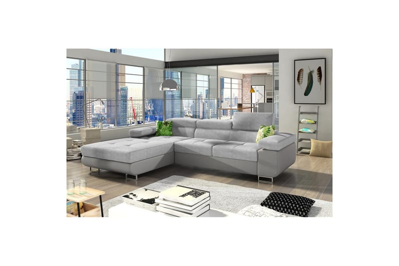 Sektionssofa Eltap Armando 289x85x203 cm - Soro 83, Soft 29, Hvid, Grå, Puder: Jungle 32, Grøn, Venstre - Møbler - Sofaer - Sofa med chaiselong