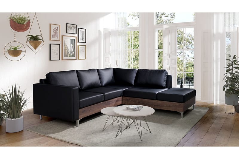 Truro Højre L-formet Sofa med Chaiselong i Kunstlæder med Træramme - Sort - Møbler - Sofaer - Sofa med chaiselong