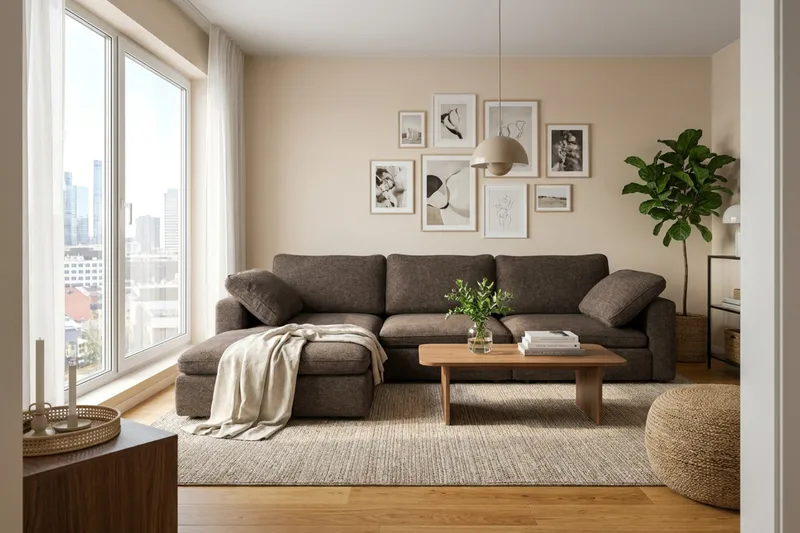 Visby 4-personers L-formet dyb vendbar sofa med chaiselong i stof - Mørkebrun - Møbler - Sofaer - Sofa med chaiselong