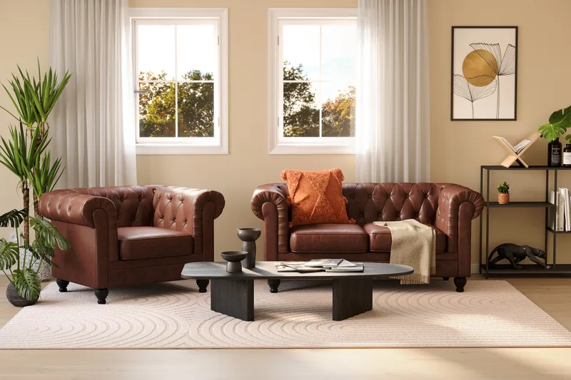 Chesterfield Lyx 2-sædet Dyb sofa kunstlæder - Mørkebrun PU - Møbler - Sofaer - 2 personers sofa