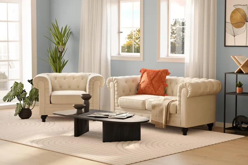 Chesterfield Lyx 2-sædet Fløjlssofa – Lille dyb sofa - Beige Fløjl - Møbler - Sofaer - 2 personers sofa