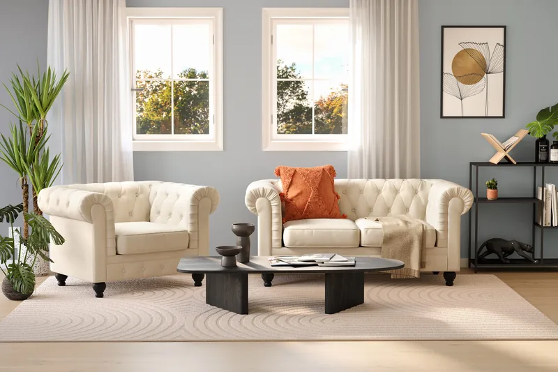 Chesterfield Lyx 2-sædet Fløjlssofa – Lille dyb sofa - Beige Fløjl - Møbler - Sofaer - 2 personers sofa