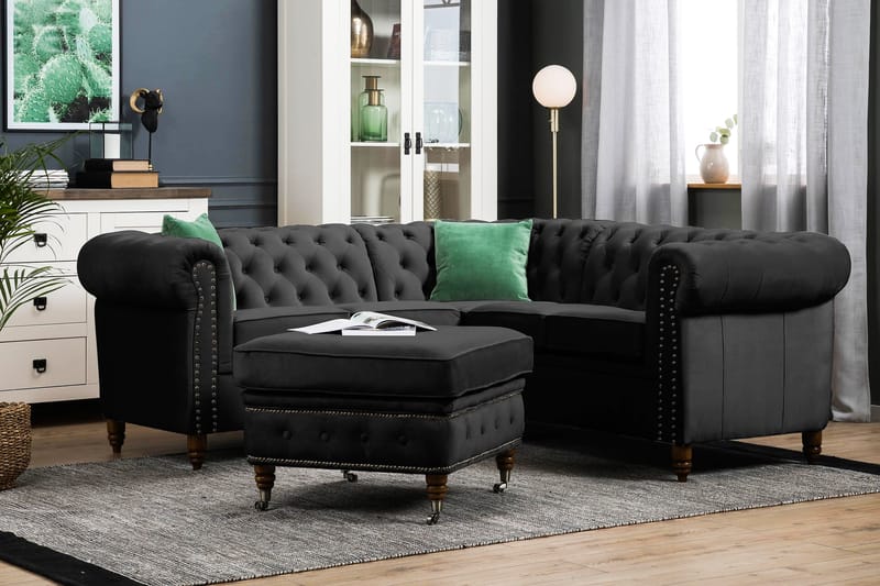 Chesterfield Deluxe Hjørnesofa Velour - Sort - Hjørnesofa - Chesterfield sofaer - Chesterfield hjørnesofa - Velour sofaer