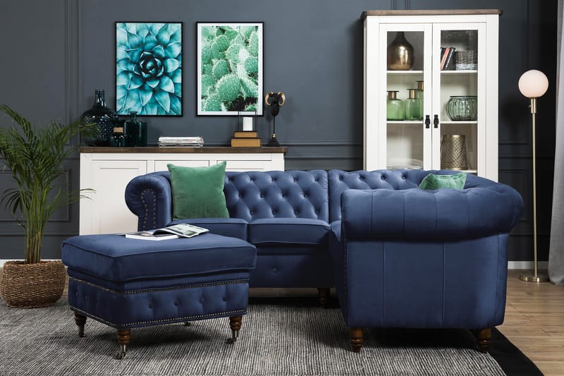 Chesterfield Deluxe Hjørnesofa Velour - Petrolblå - Møbler - Sofaer - Chesterfield sofaer
