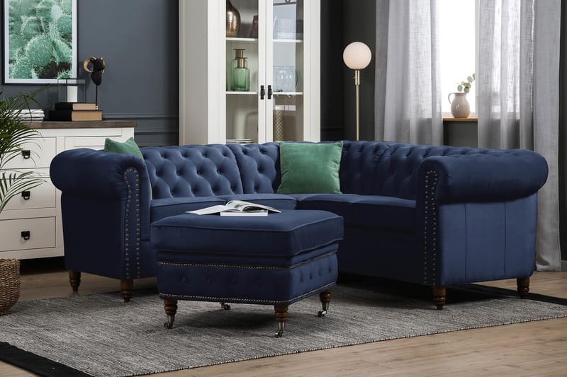 Chesterfield Deluxe Hjørnesofa Velour - Petrolblå - Møbler - Sofaer - Chesterfield sofaer