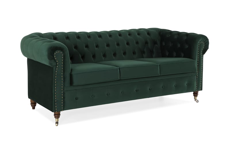 Chesterfield Deluxe Veloursofa 3-pers - Mørkegrøn - Chesterfield sofaer - 3 personers sofa - Velour sofaer