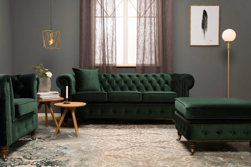 Chesterfield Deluxe Veloursofa 3-pers - Mørkegrøn - Chesterfield sofaer - 3 personers sofa - Velour sofaer