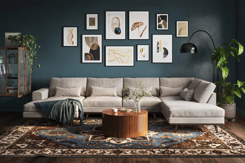 Copenhagen 5-personers Højrevendt U-formet Large Sofa med Divan og Chaiselong i Chenille - Grå / Beige - Møbler - Sofaer - U Sofa