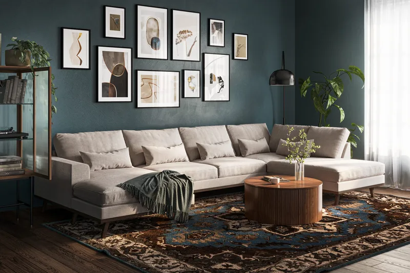 Copenhagen 5-personers Højrevendt U-formet Large Sofa med Divan og Chaiselong i Chenille - Grå / Beige - Møbler - Sofaer - U Sofa