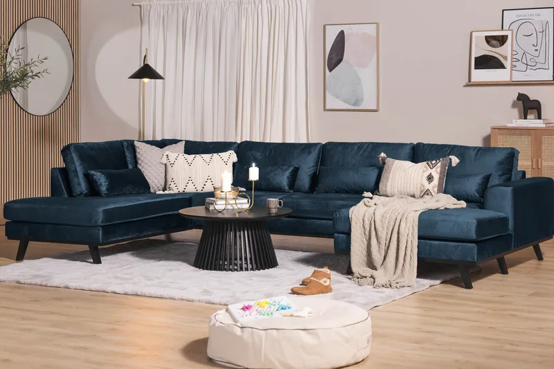 Copenhagen 5-personers Venstrevendt U-formet Sofa med Divan og Chaiselong i Fløjl - Blå - Møbler - Sofaer - U Sofa