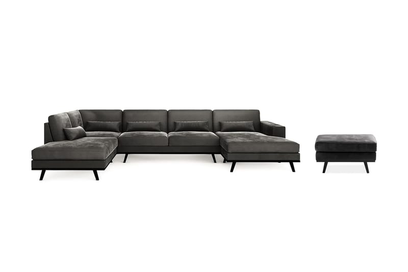 Copenhagen 5-personers Venstrevendt U-formet Sofa med Chaiselong og Fodskammel i Fløjl - Mørkegrå - Møbler - Sofaer - Sofagrupper