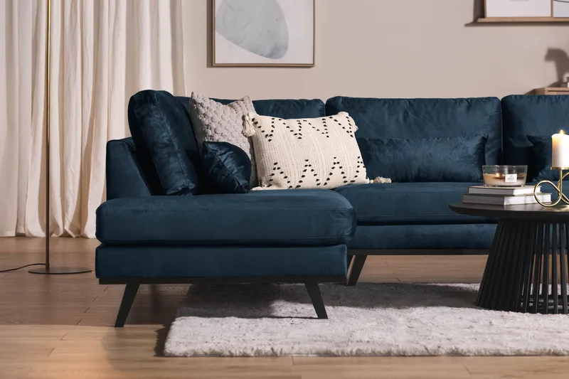 Copenhagen 5-personers Venstrevendt U-formet Sofa med Divan og Chaiselong i Fløjl - Blå - Møbler - Sofaer - U Sofa