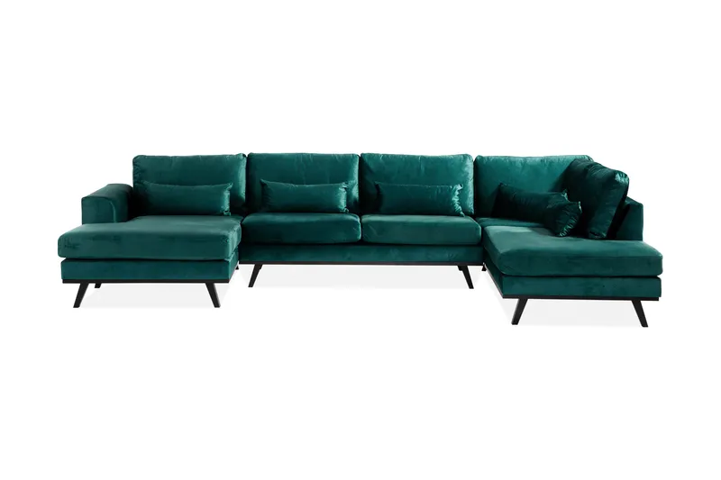 Copenhagen 5-personers Højrevendt U-formet Sofa med Divan og Chaiselong i Fløjl, Grøn