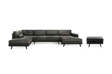 Copenhagen 5-personers Venstrevendt U-formet Sofa med Chaiselong og Fodskammel i Fløjl - Mørkegrå - Møbler - Sofaer - U Sofa