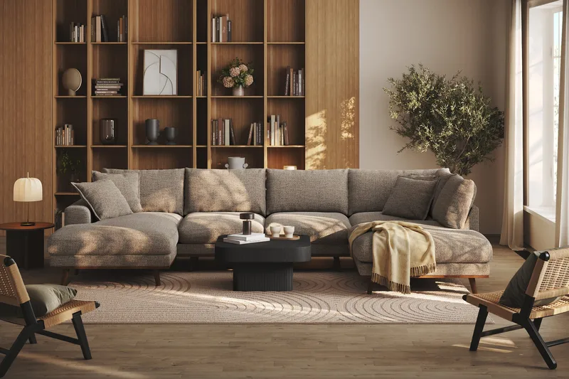 Copenhagen Premium 5-seters Høyrevendt U-formet Dyp Sofa med Divan og Sjeselong i Chenille - Brun - Møbler - Sofaer - U Sofa